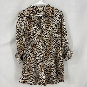Chico's Women's No Iron Collared Cheeta Animal Print Long Sleeve Blouse 1 Medium